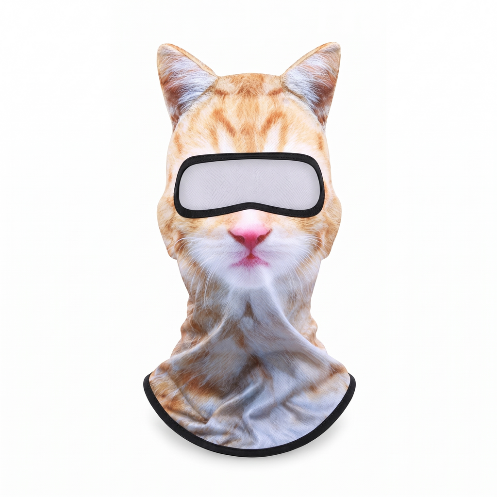 MountainShred Ginger Cat ski mask - animal face balaclava worn under a helmet