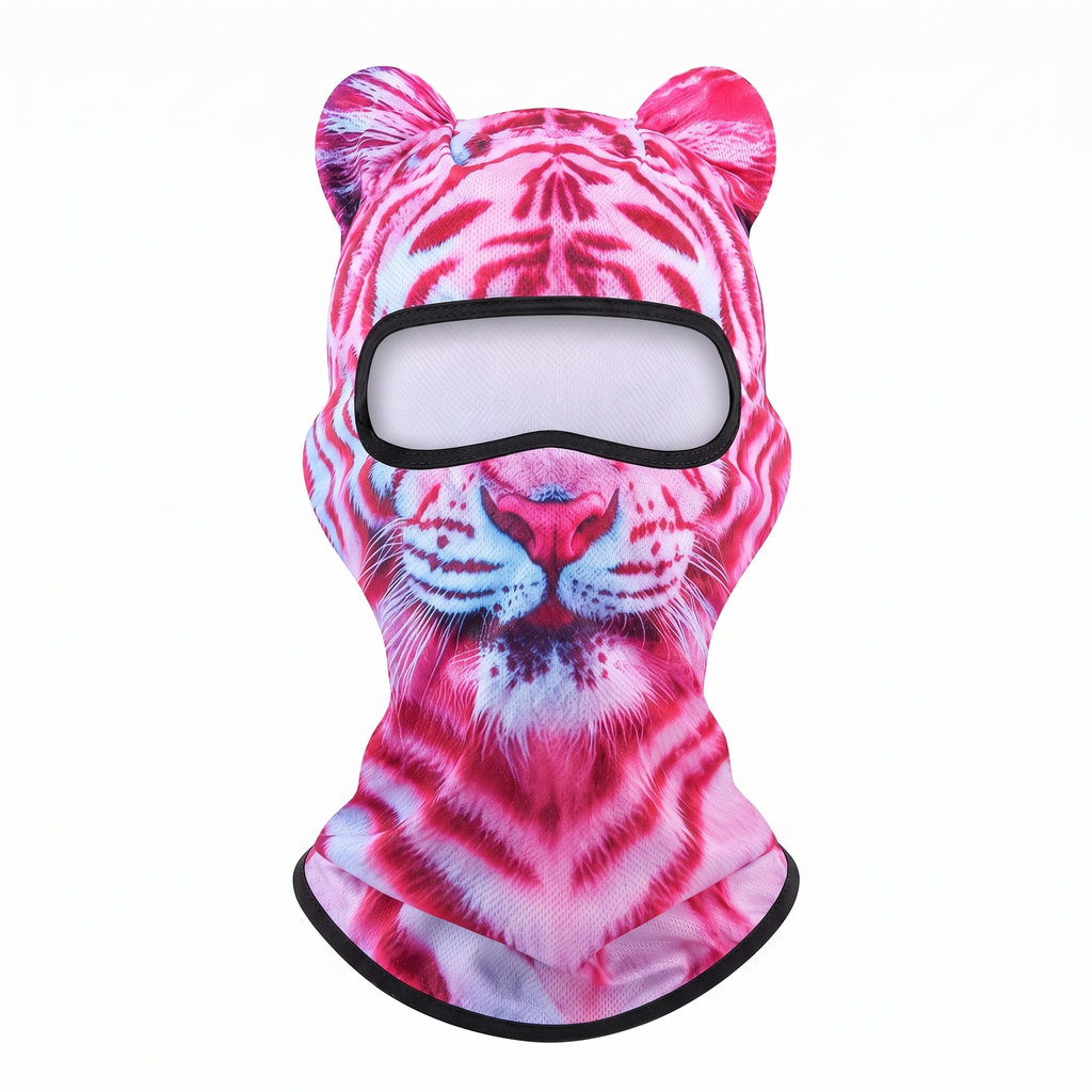 MountainShred Pink Tiger ski mask - animal face balaclava worn under a helmet