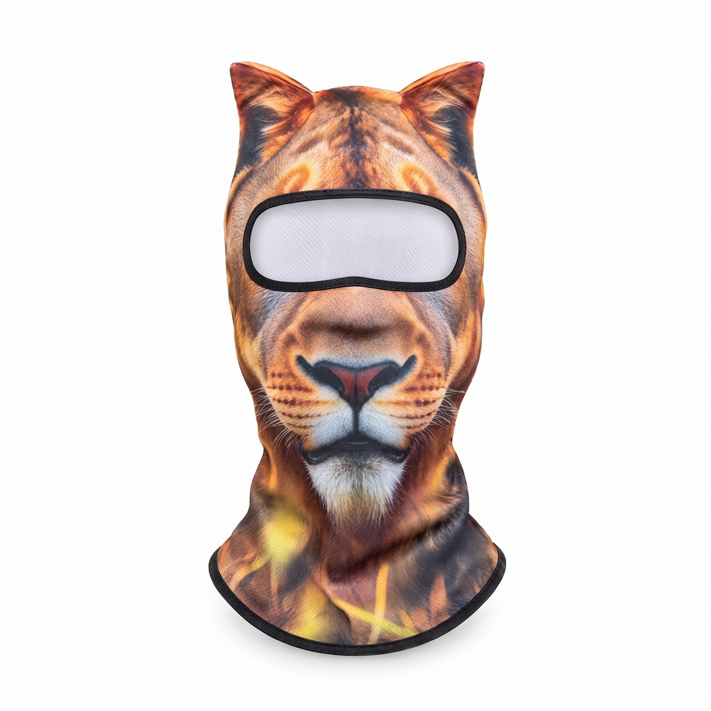 MountainShred Lion ski mask - animal face balaclava worn under a helmet